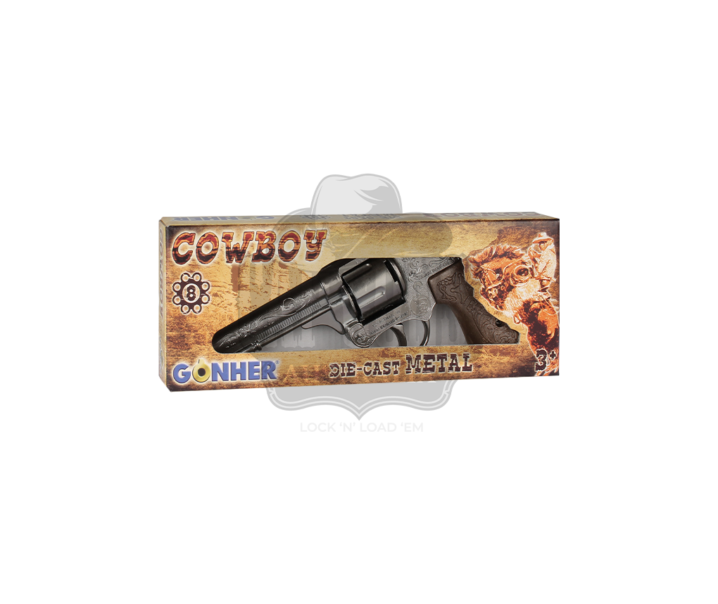Gonher - Cowboy Revolver - 8-Shots - Diecast Metal - Brown/Nickel with Box