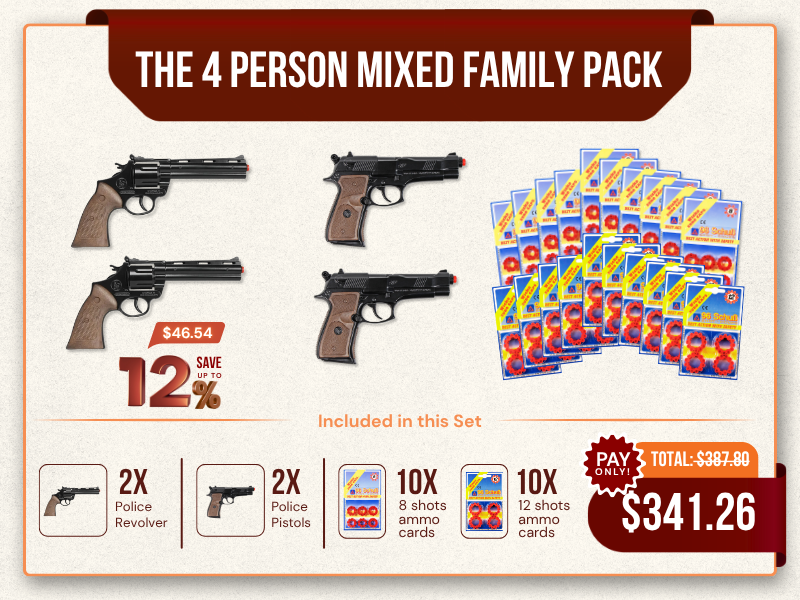 Family Cap Gun Pack featuring 2 Police Revolvers and 2 Police Pistols with ammo cards included.