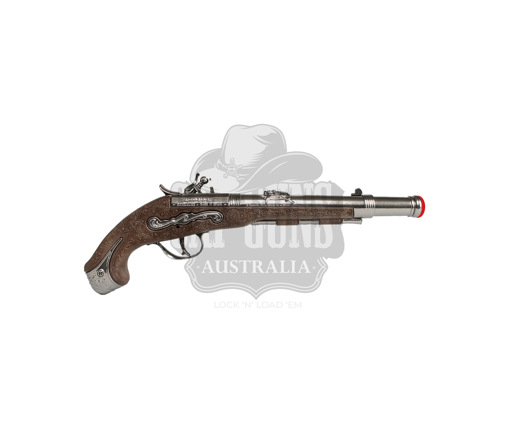 Gonher - Pirate Buccaneer Flintlock Pistol - 1-shot - Diecast Metal and Plastic - Brown/Nickel accent with Box