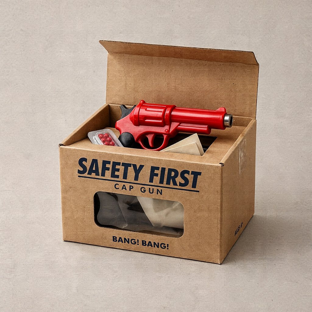 A toy cap gun inside a box with the label “Safety First.”