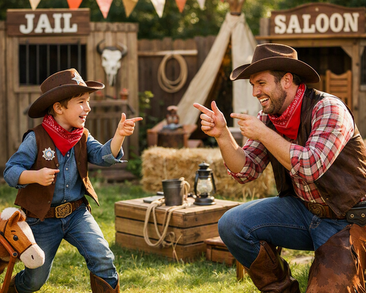 A father and son playing pretend sheriff in their backyard.