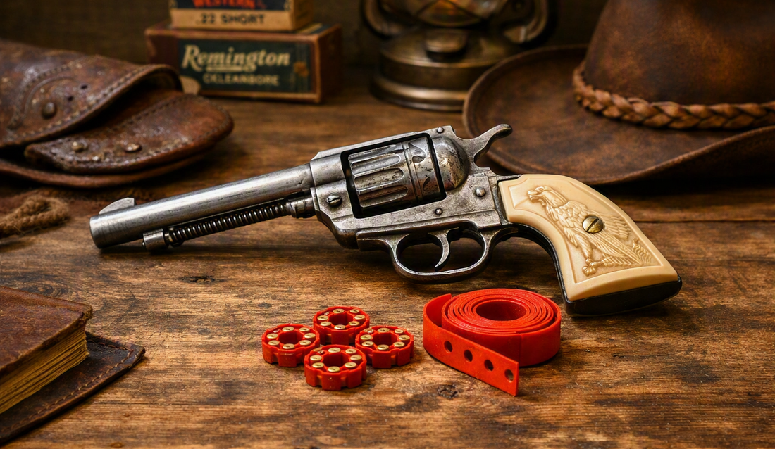 A toy cap gun and a 4 7-shot caps on top of a table.