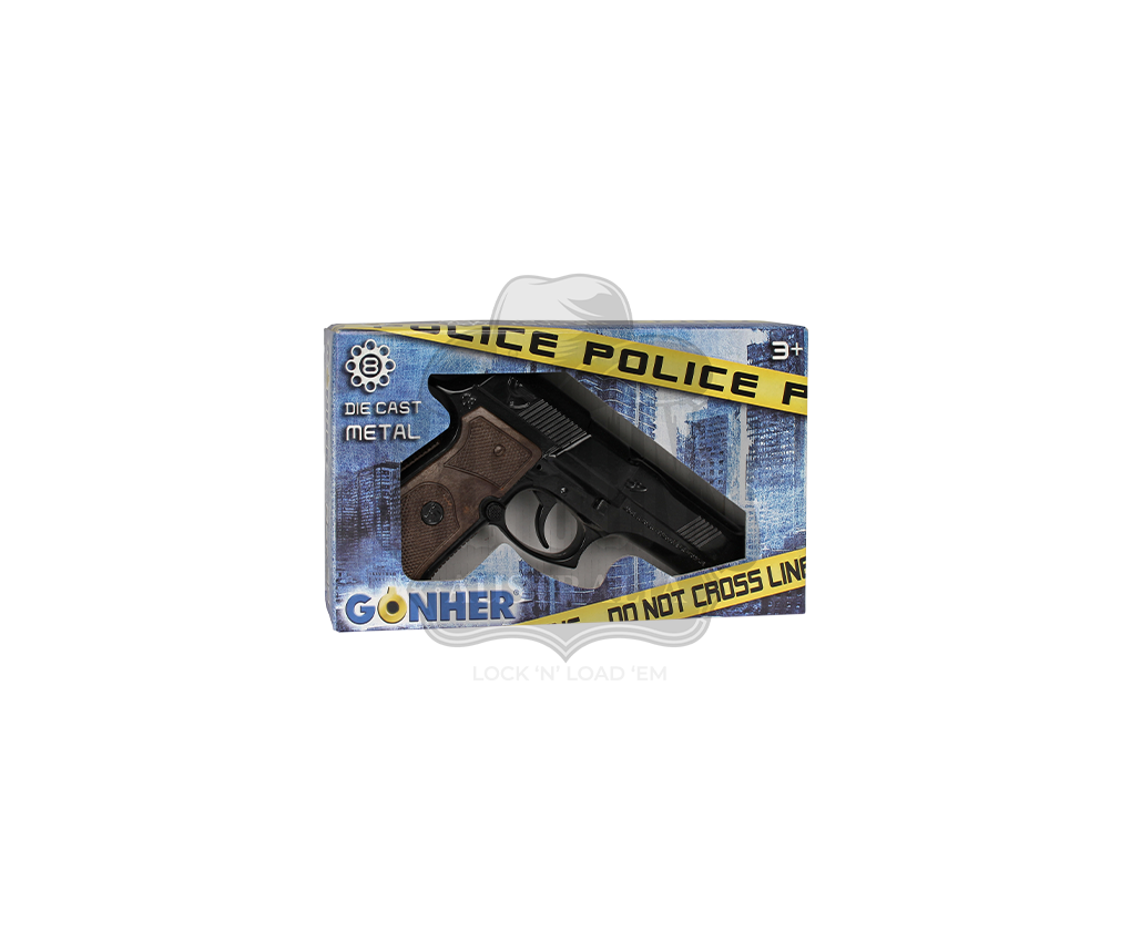 Gonher - Police Pistol 92F Beretta - 8-Shot - Diecast Metal - Brown/Black with Box