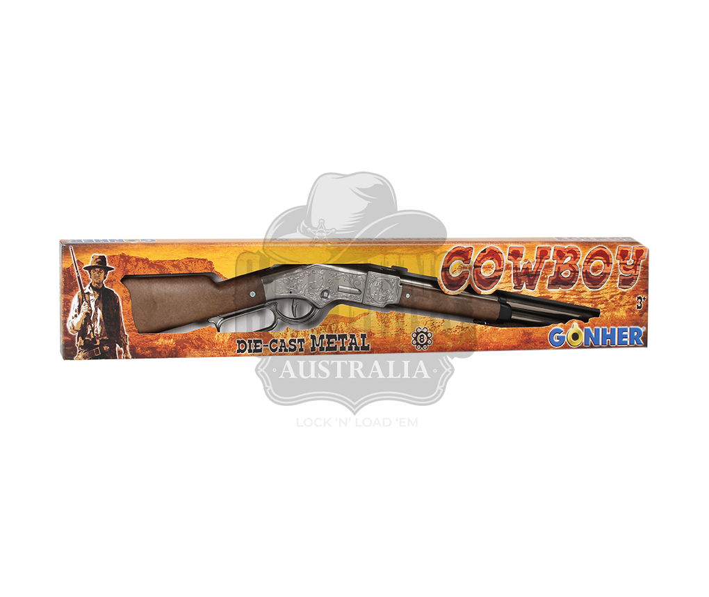 Gonher - Cowboy Winchester Rifle - 8-Shot - 82 cm - Diecast Metal - Brown/Nickel accent and lever action with Box