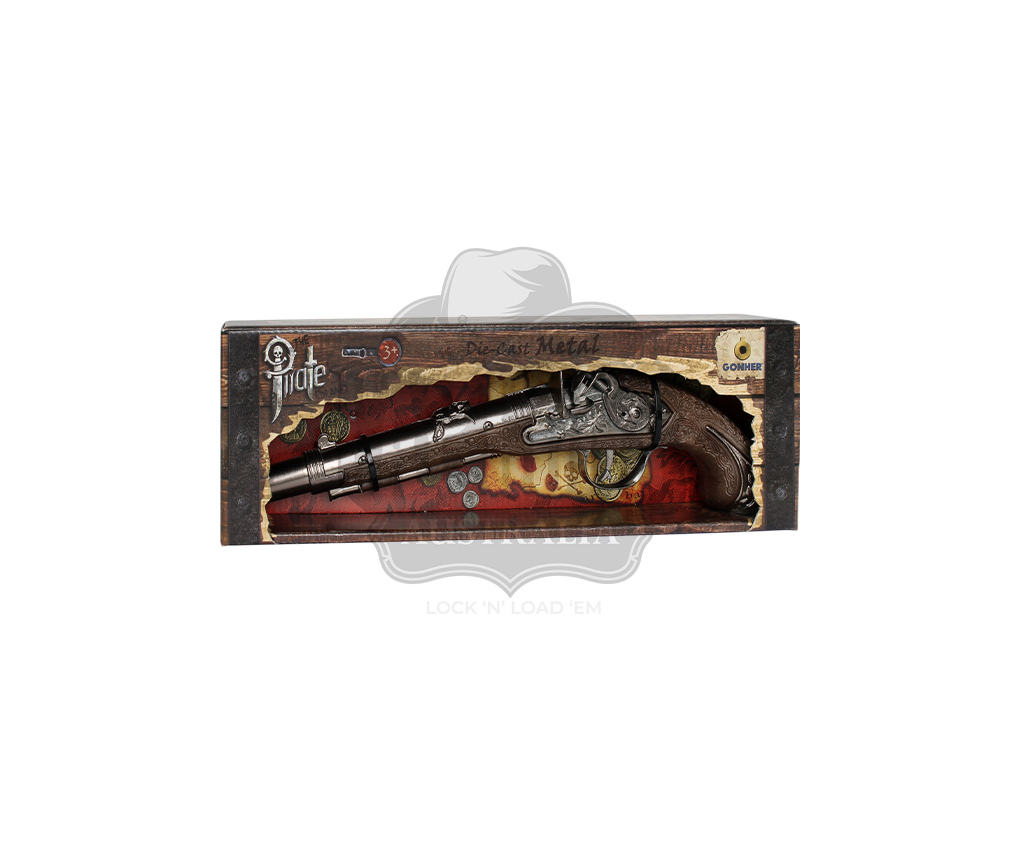 Gonher - Pirate Buccaneer Flintlock Pistol - 1-Shot - Diecast Metal -  Brown/Nickel accent with Box