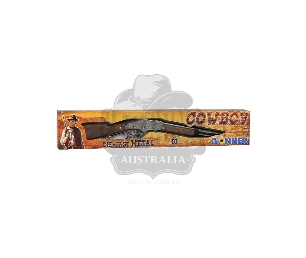 Gonher - Cowboy Winchester Rifle - 8-Shot - 69.5 cm - Diecast Metal - Brown/Nickel accent and lever action with Box