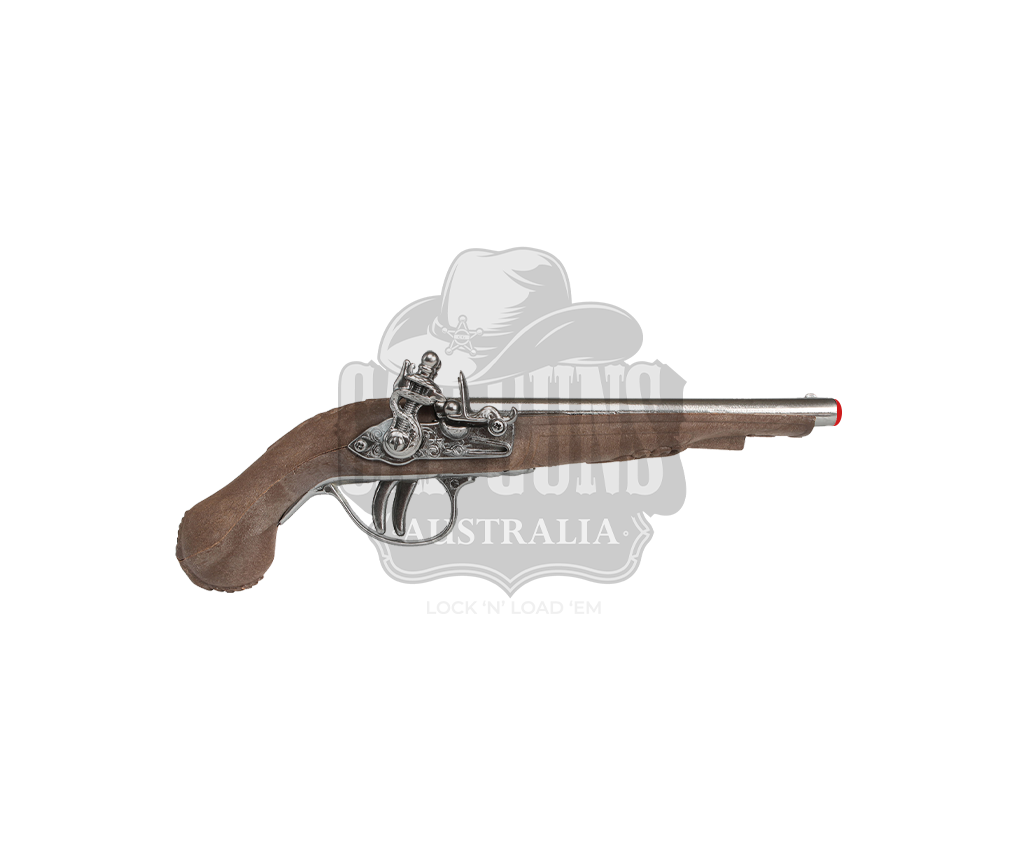 Caribbean Pirate toy pistol in brown and nickel finish designed for pretend play and dress-up parties.