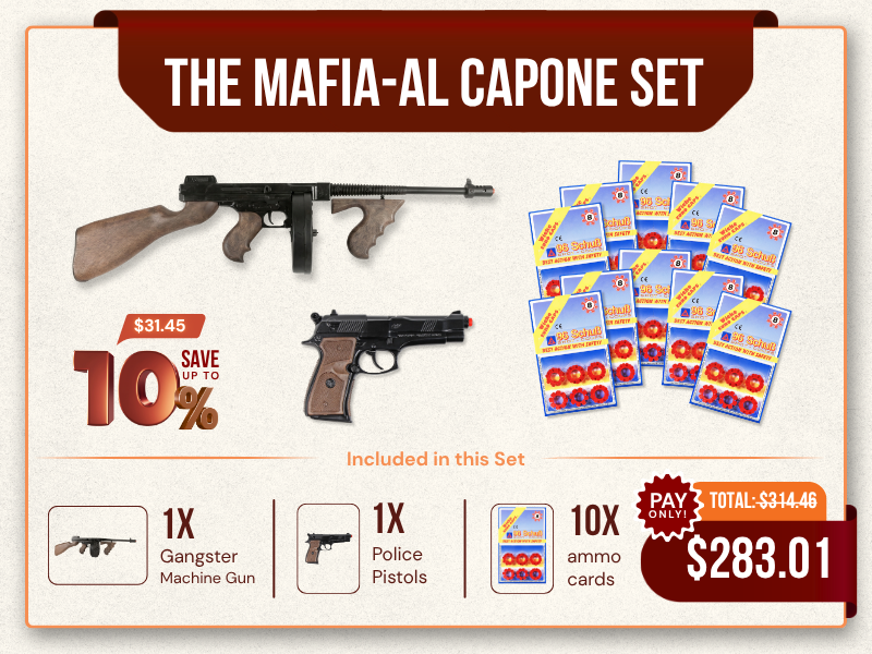 Mafia & Al Capone Cap Gun Set featuring a Gonher Tommy Gun and 1911-style pistol with ammo cards.