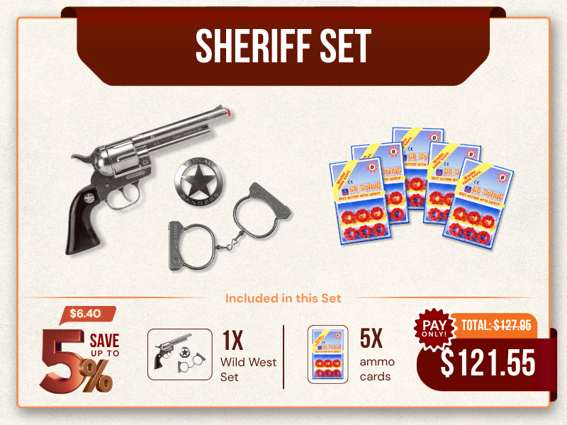 Sheriff Set | Gonher Peacemaker Revolver, Handcuff & Badge featuring a revolver, badge, handcuff, and ammo cards.